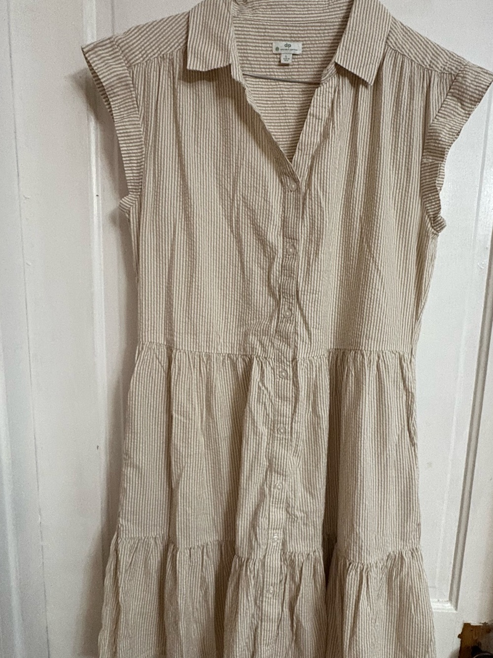 dip Cream and Beige Striped Button-Front Tiered Dress